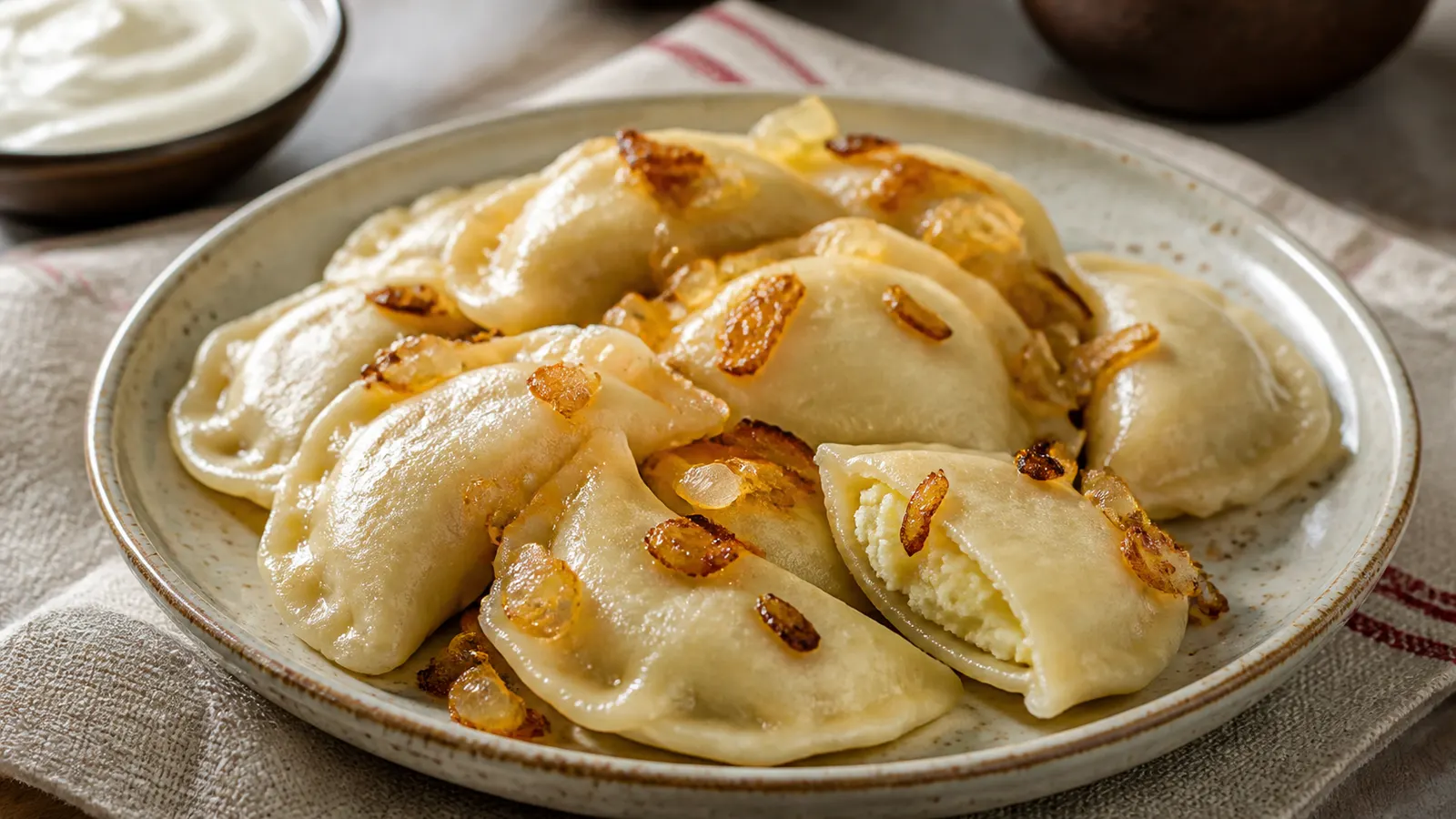 Классические вареники с картошкой и жареным