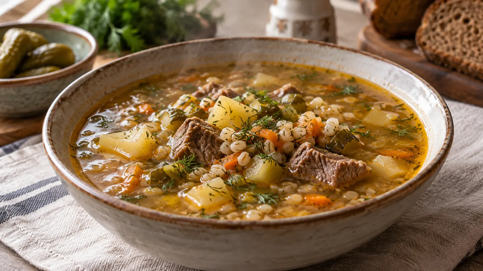 Рассольник с перловкой и говядиной